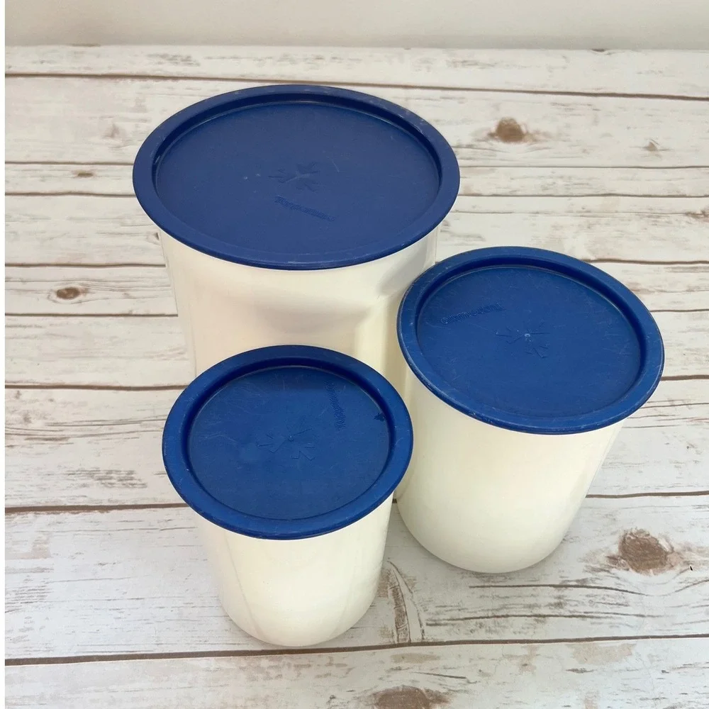 Tupperware Canister Set White Navy Blue Vintage Airtight Storage 3pc Set